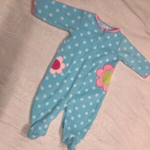 Carter's EUC Blue Polka Dot & Pink Flower Fleece Snap Up Footie 9M